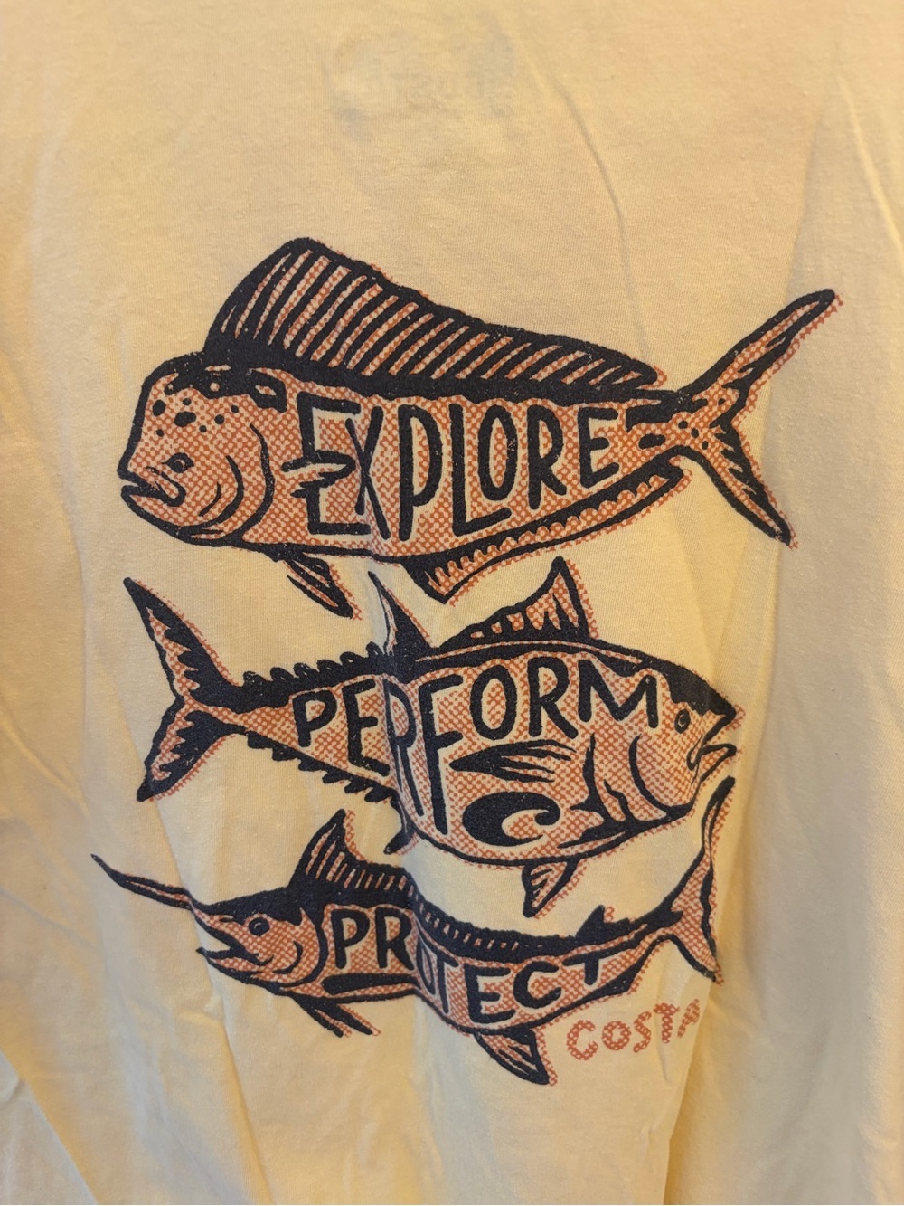 Costa yellow Tee Blue Fish Graphic and 'Explore Perform Protect' Print mens xl
